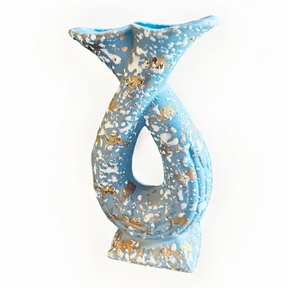 Mid-century modern blue splatter paint vase for double stems with white and gold